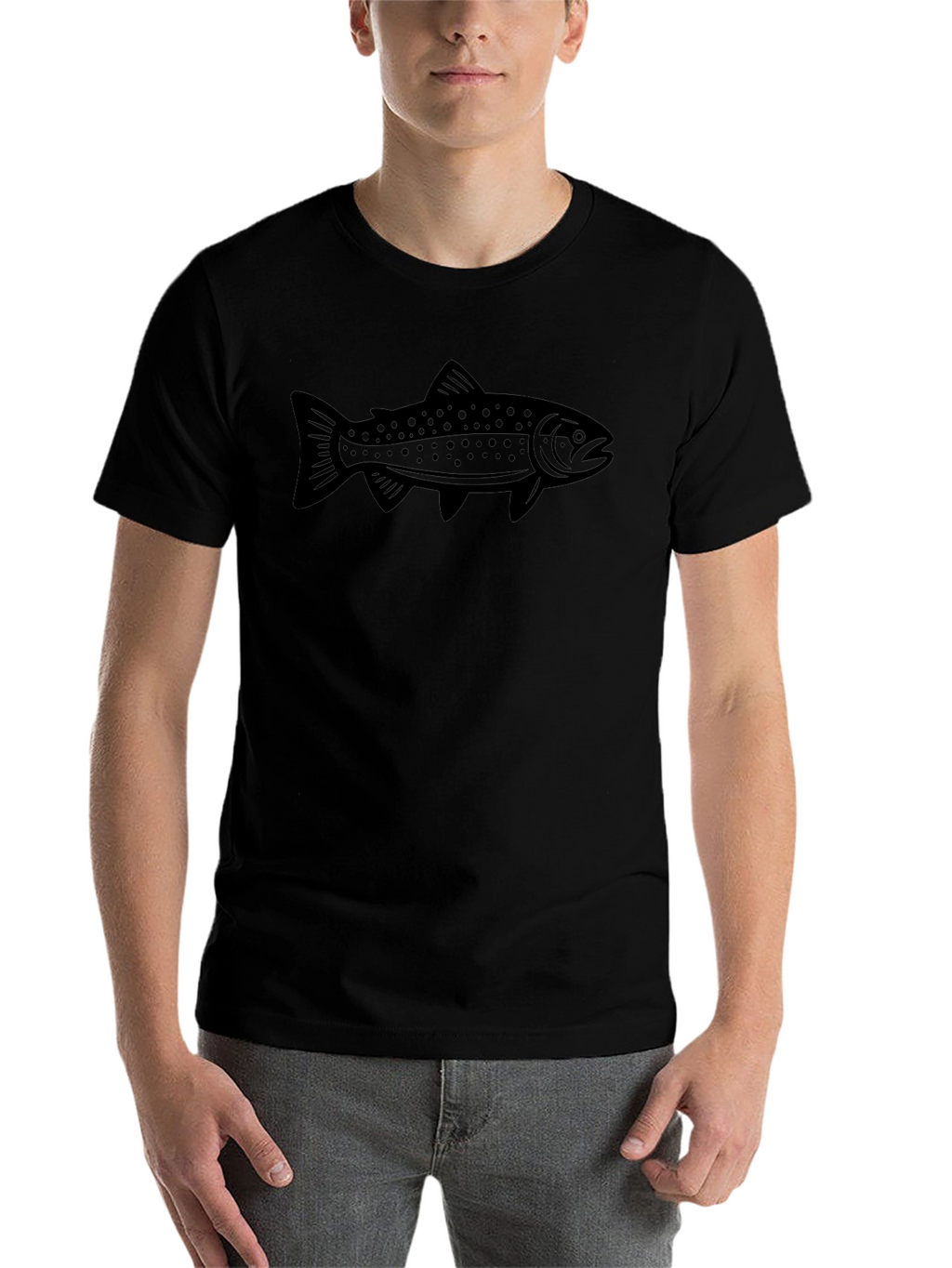 Mens Black T-shirt with Fishing Trout Design