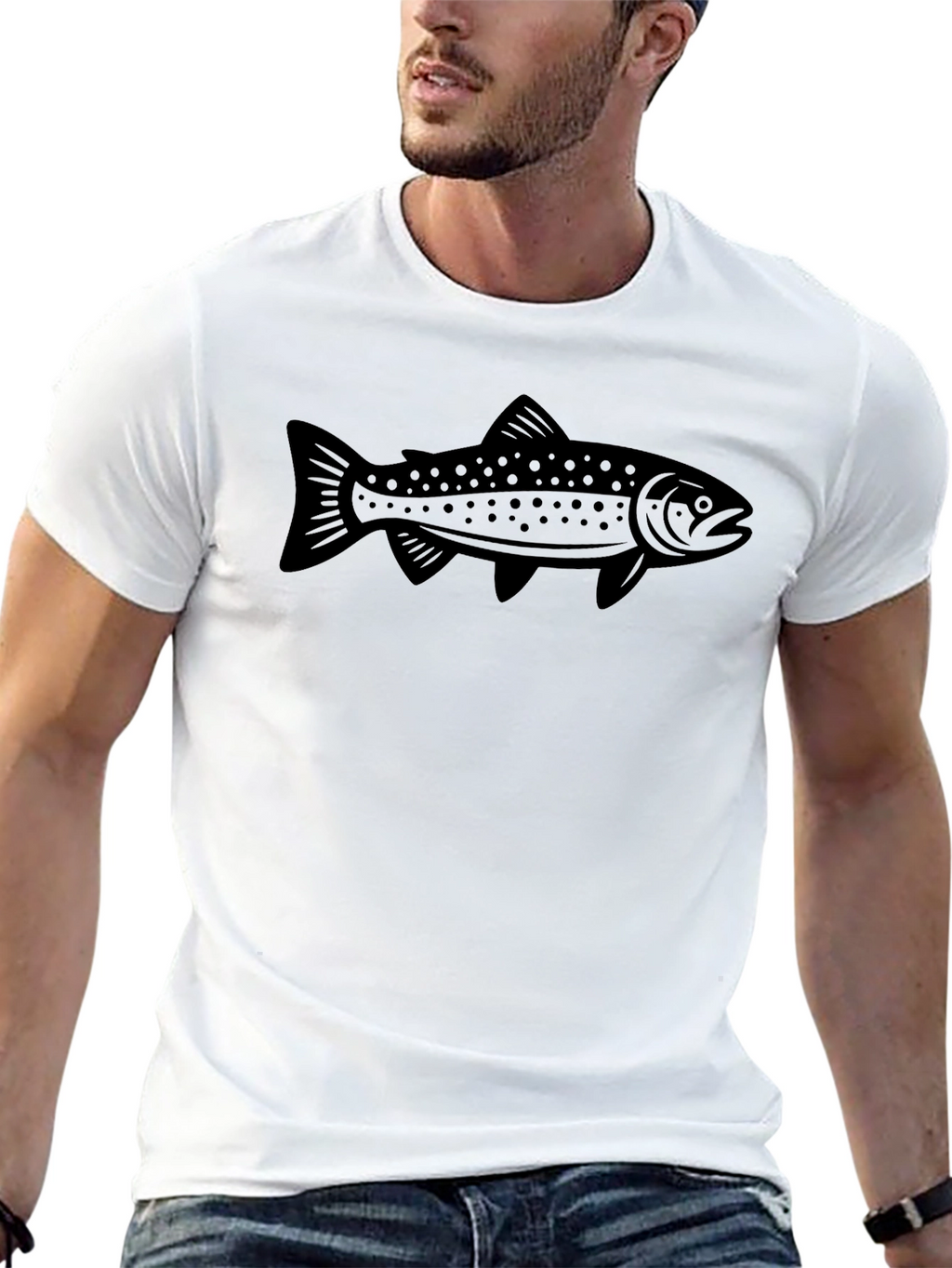 Mens Black T-shirt with Fishing Trout Design