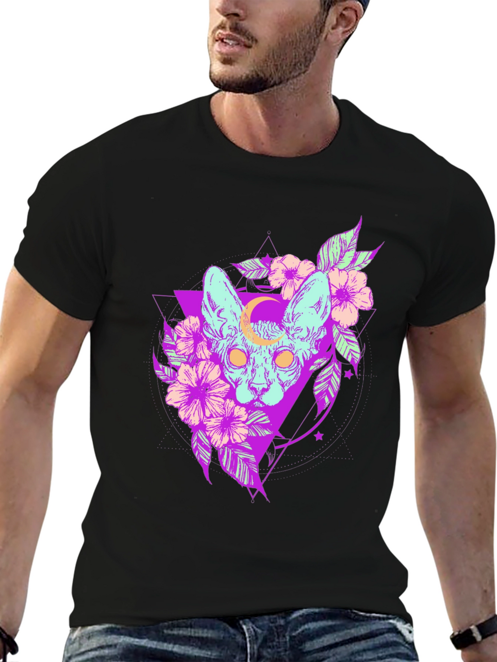 Mystic Cat T-Shirt - Gothic Floral Design