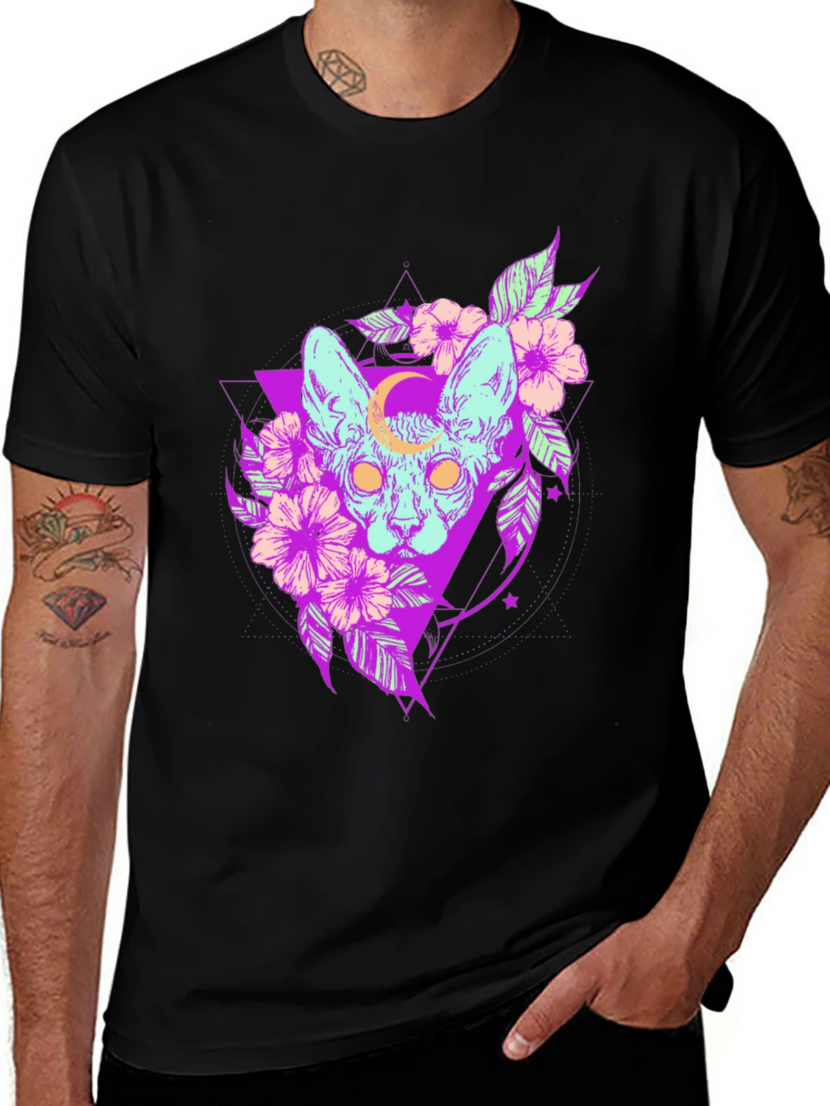 Mystic Cat T-Shirt - Gothic Floral Design