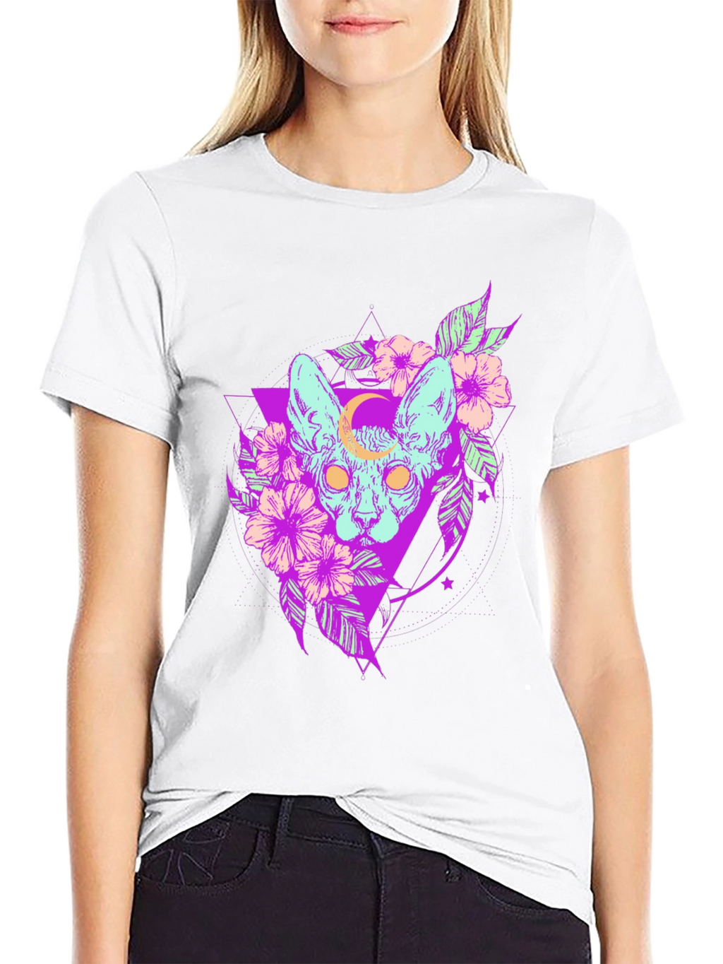 Mystic Cat T-Shirt - Gothic Floral Design