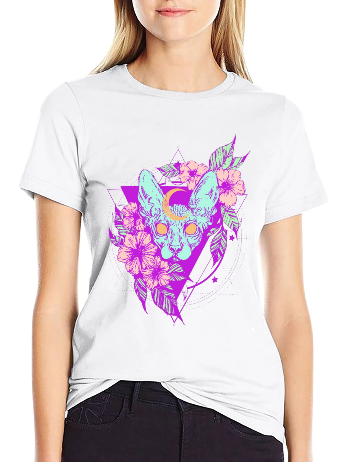 Mystic Cat T-Shirt - Gothic Floral Design