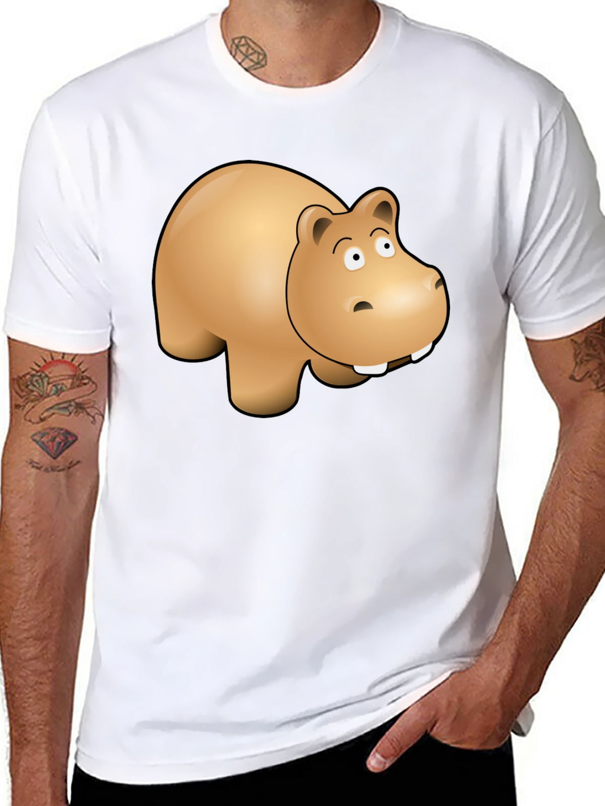 Cartoon Hippo Graphic Tee - Black Cotton Blend