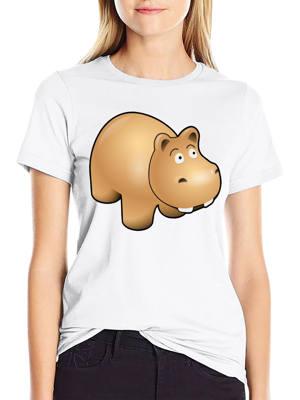 Cartoon Hippo Graphic Tee - Black Cotton Blend