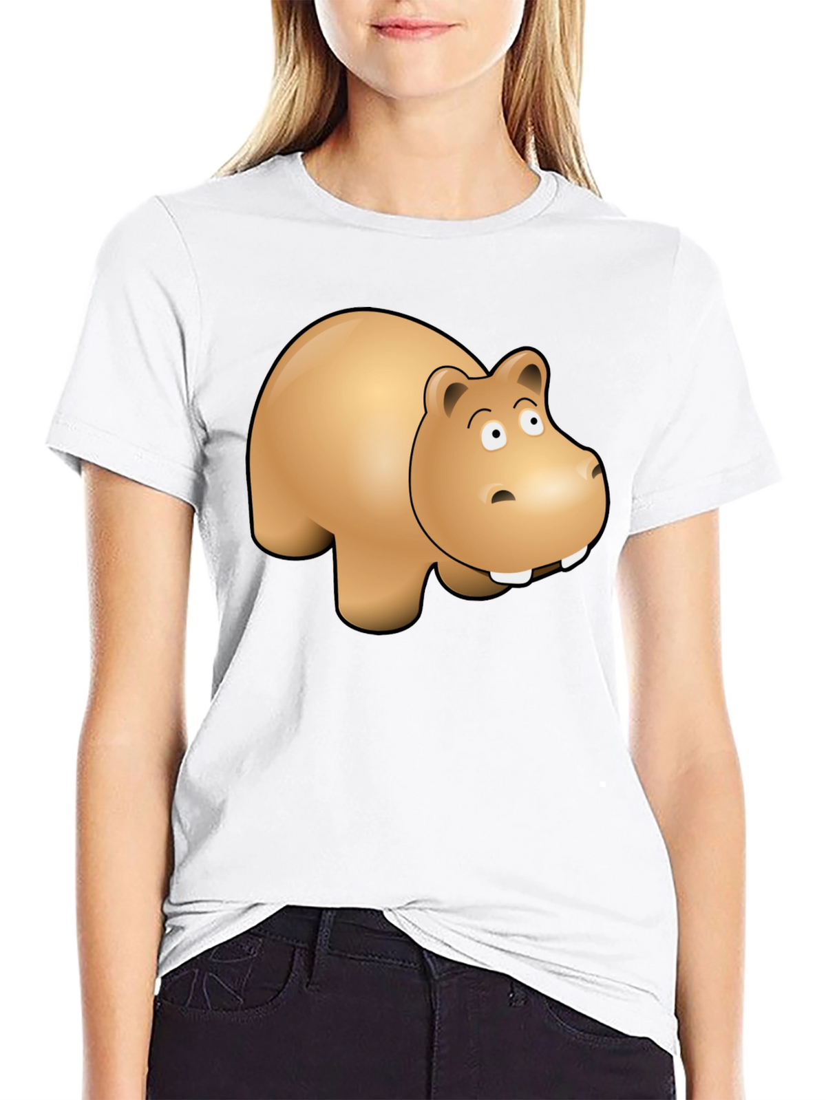 Cartoon Hippo Graphic Tee - Black Cotton Blend