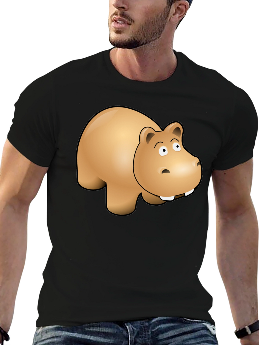 Cartoon Hippo Graphic Tee - Black Cotton Blend