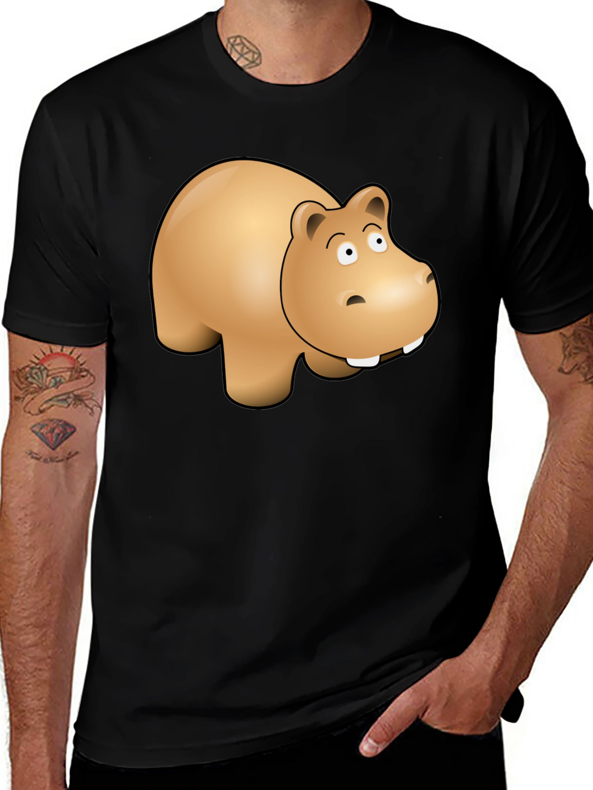 Cartoon Hippo Graphic Tee - Black Cotton Blend