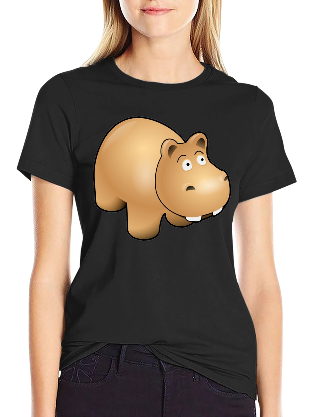 Cartoon Hippo Graphic Tee - Black Cotton Blend
