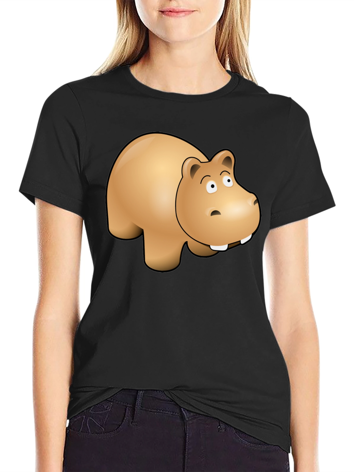 Cartoon Hippo Graphic Tee - Black Cotton Blend