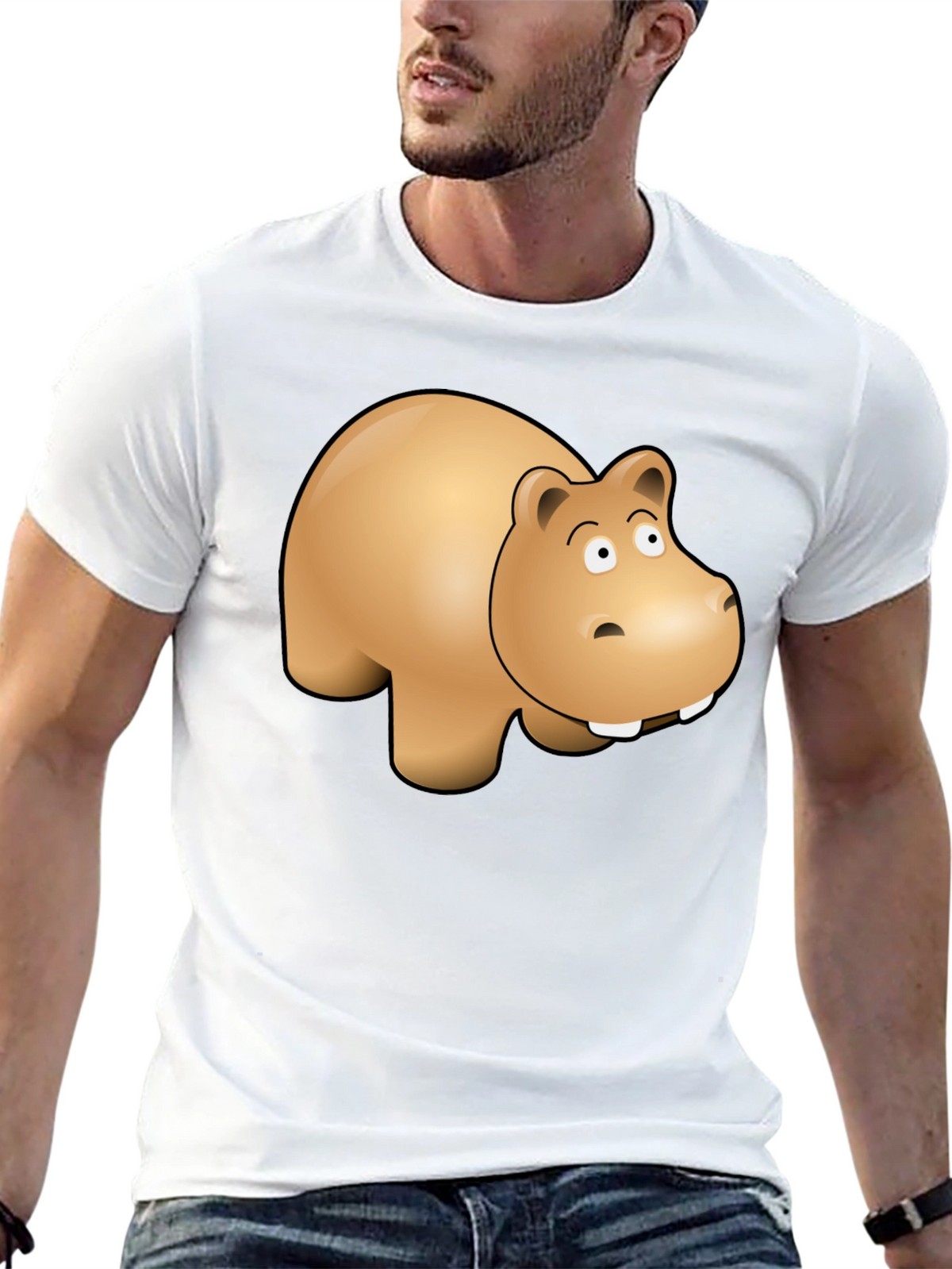 Cartoon Hippo Graphic Tee - Black Cotton Blend