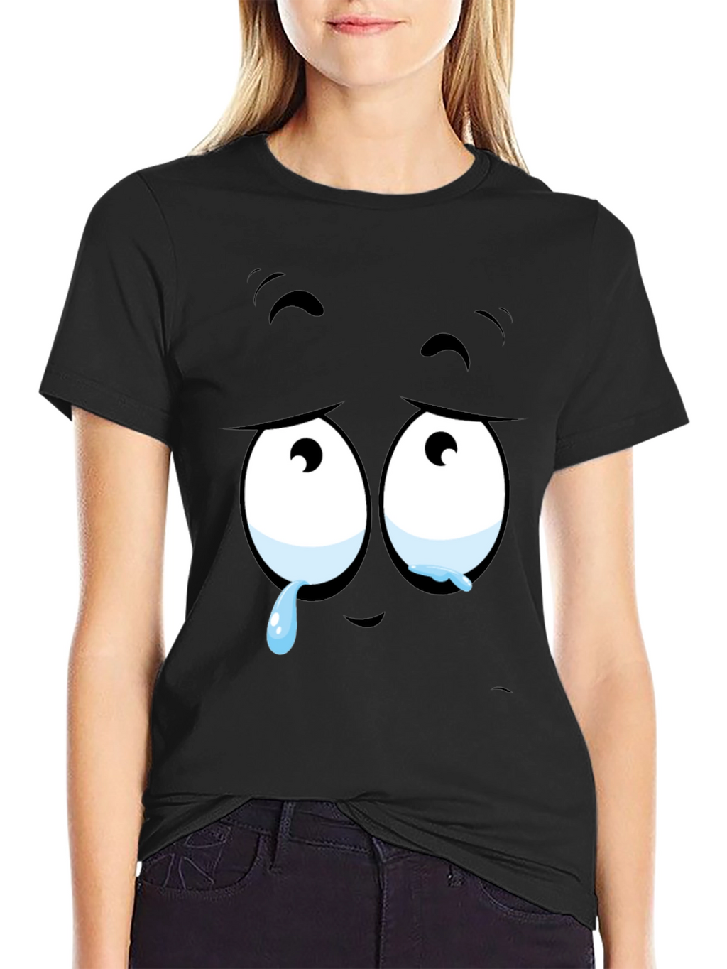 Expressive Sad Face Graphic Print Mens Black T-Shirt