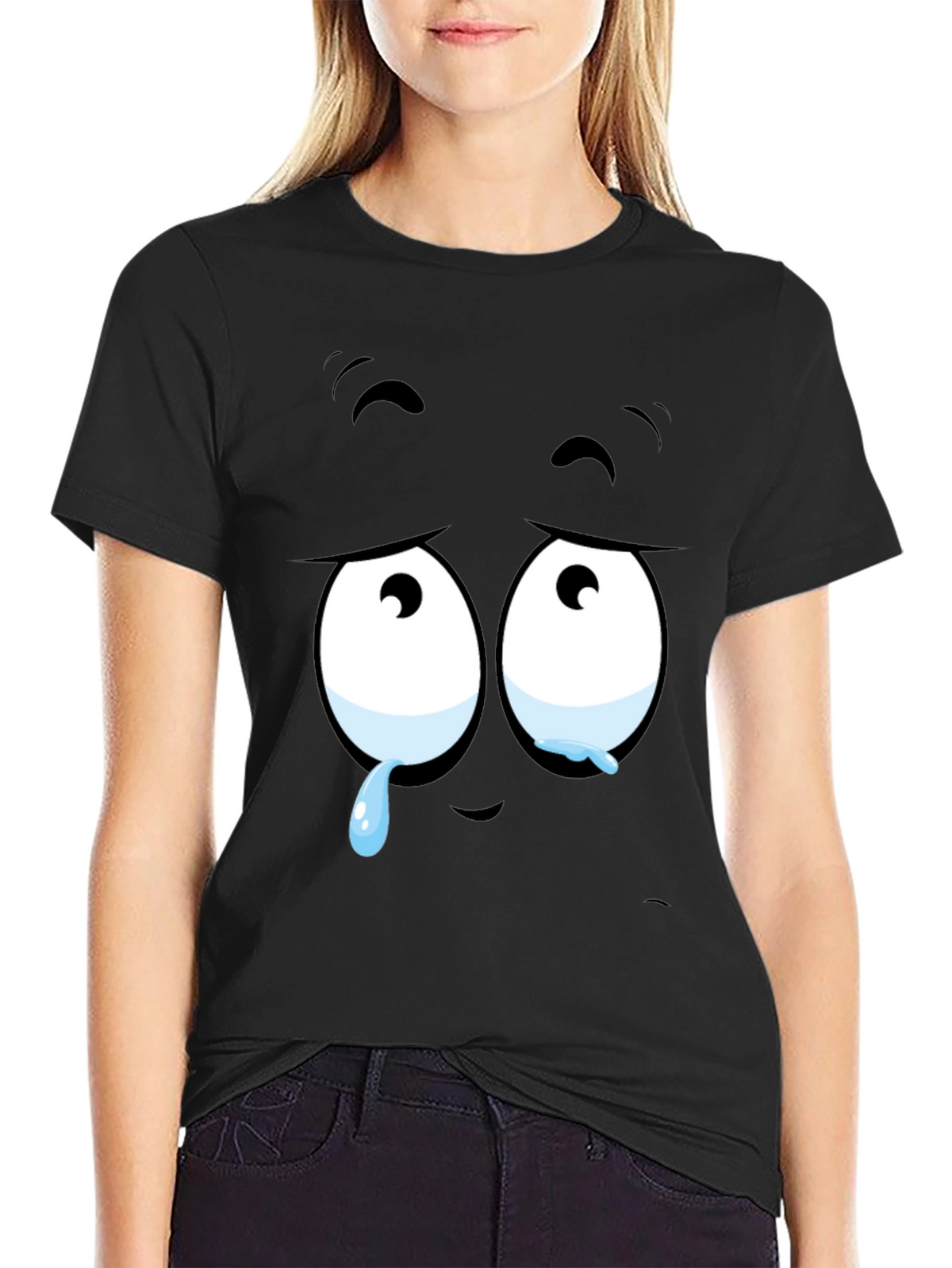 Expressive Sad Face Graphic Print Mens Black T-Shirt
