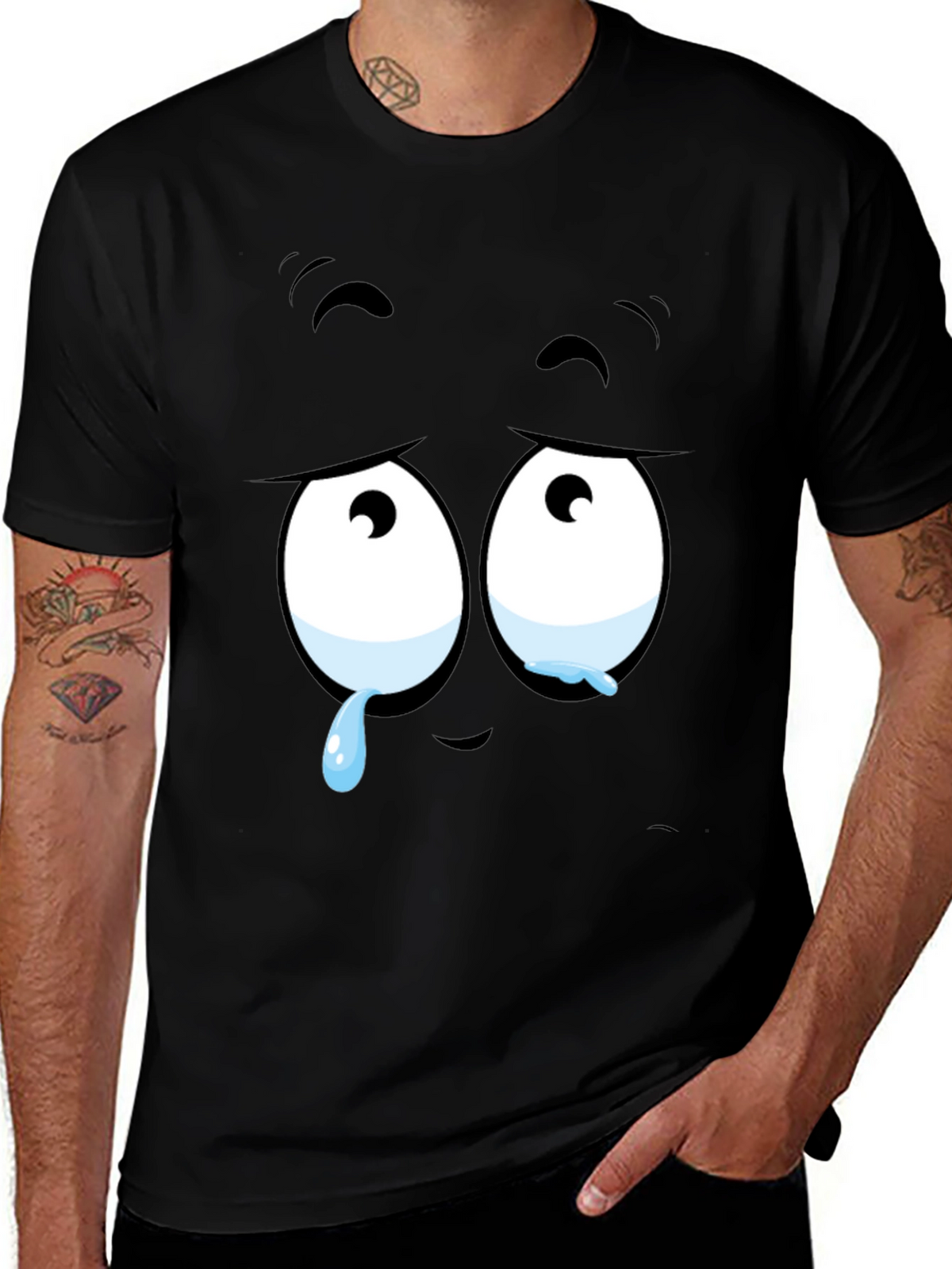 Expressive Sad Face Graphic Print Mens Black T-Shirt