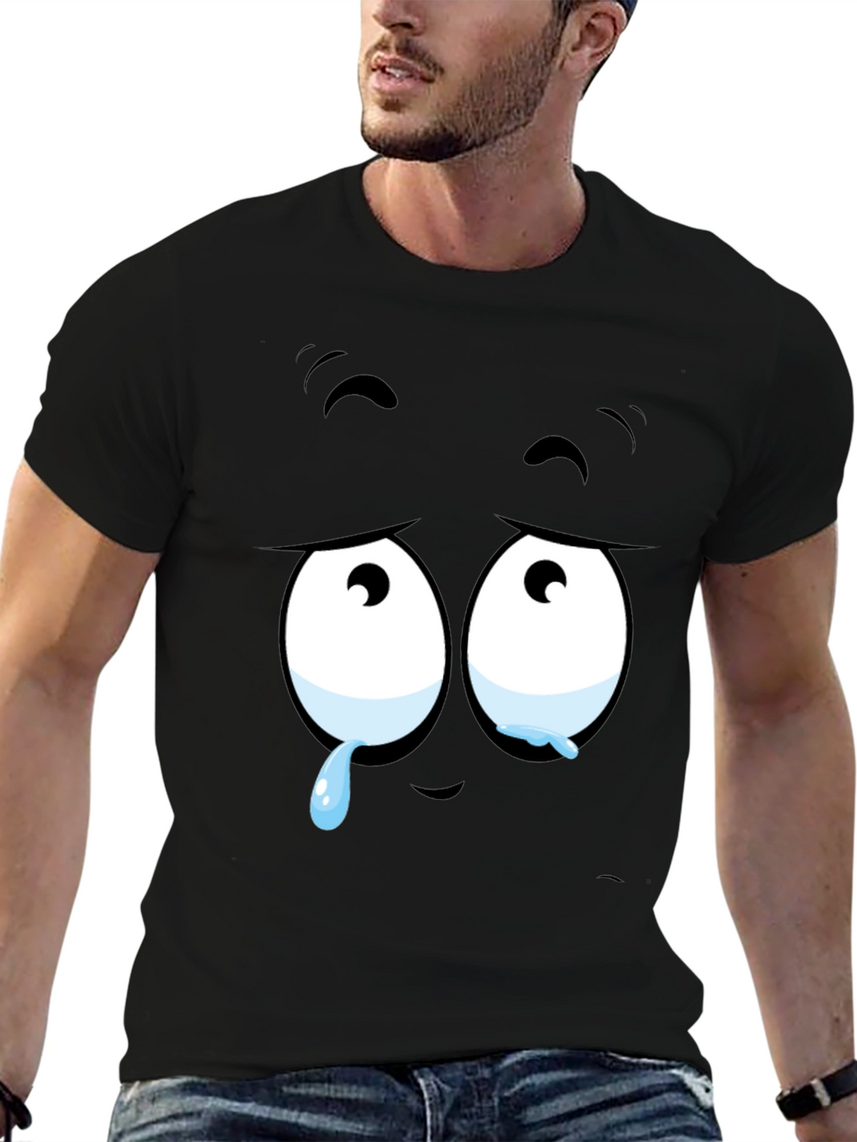 Expressive Sad Face Graphic Print Mens Black T-Shirt