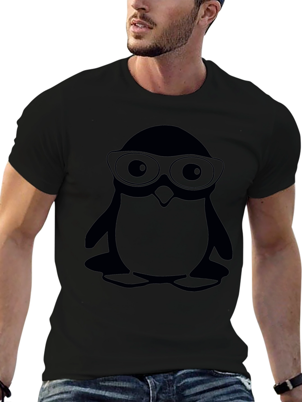 Penguin With Glasses Black T-Shirt