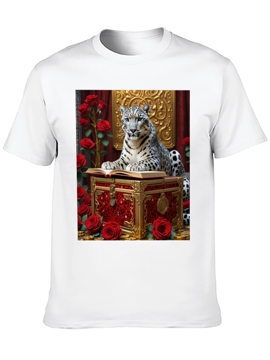 Snow Leopard Roses Chest Black Graphic Tee