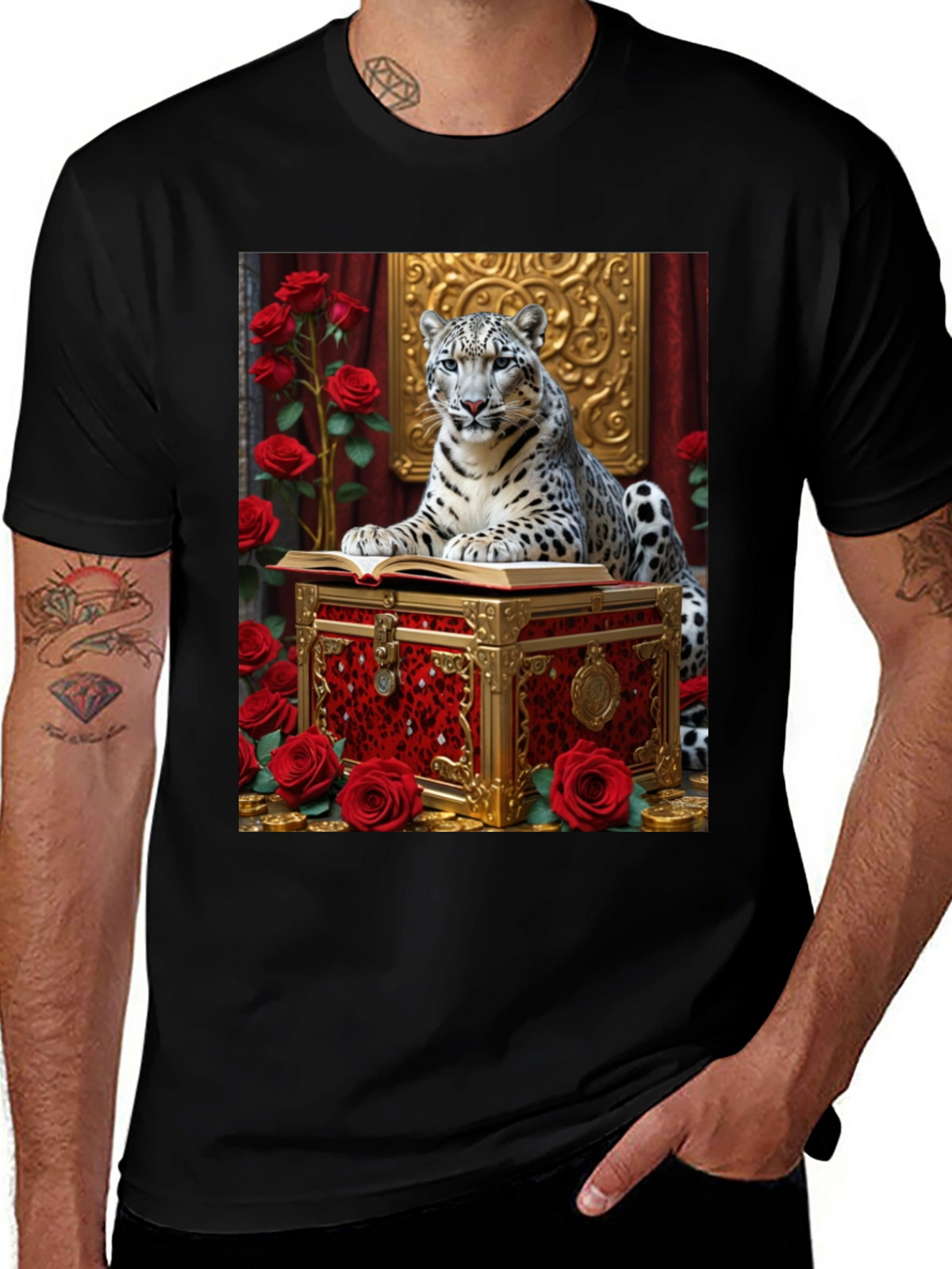Snow Leopard Roses Chest Black Graphic Tee