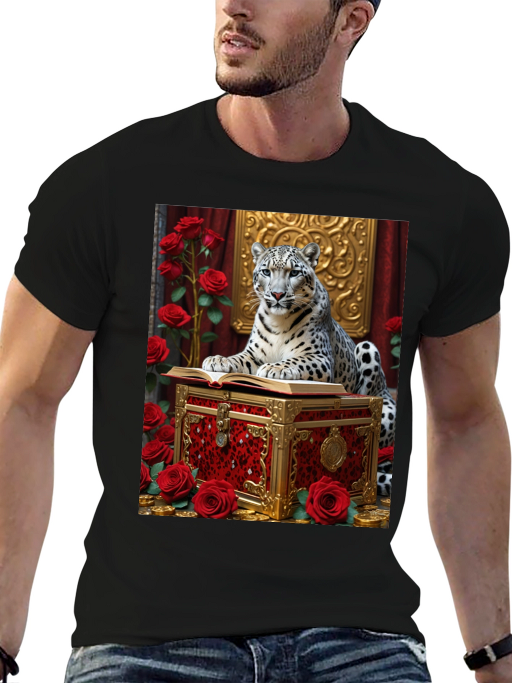 Snow Leopard Roses Chest Black Graphic Tee
