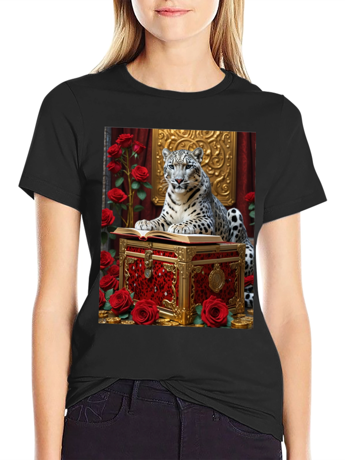 Snow Leopard Roses Chest Black Graphic Tee