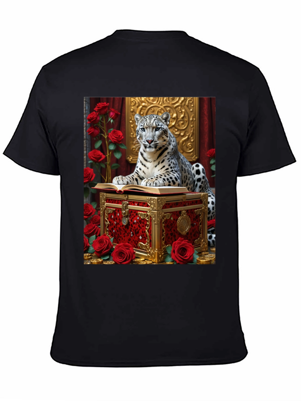 Snow Leopard Roses Chest Black Graphic Tee