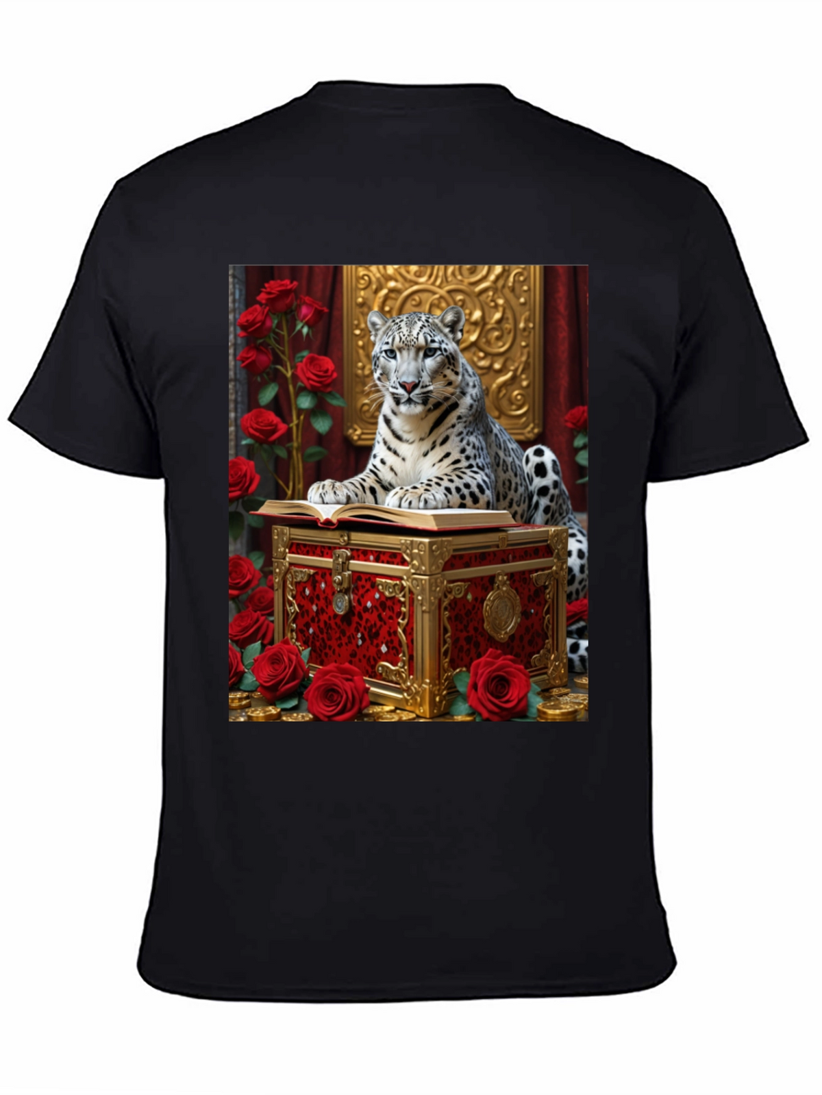 Snow Leopard Roses Chest Black Graphic Tee