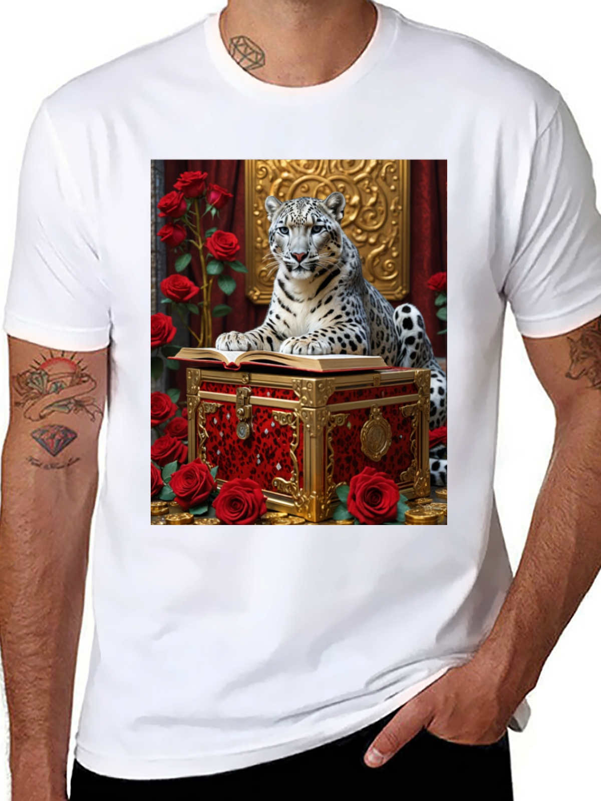 Snow Leopard Roses Chest Black Graphic Tee