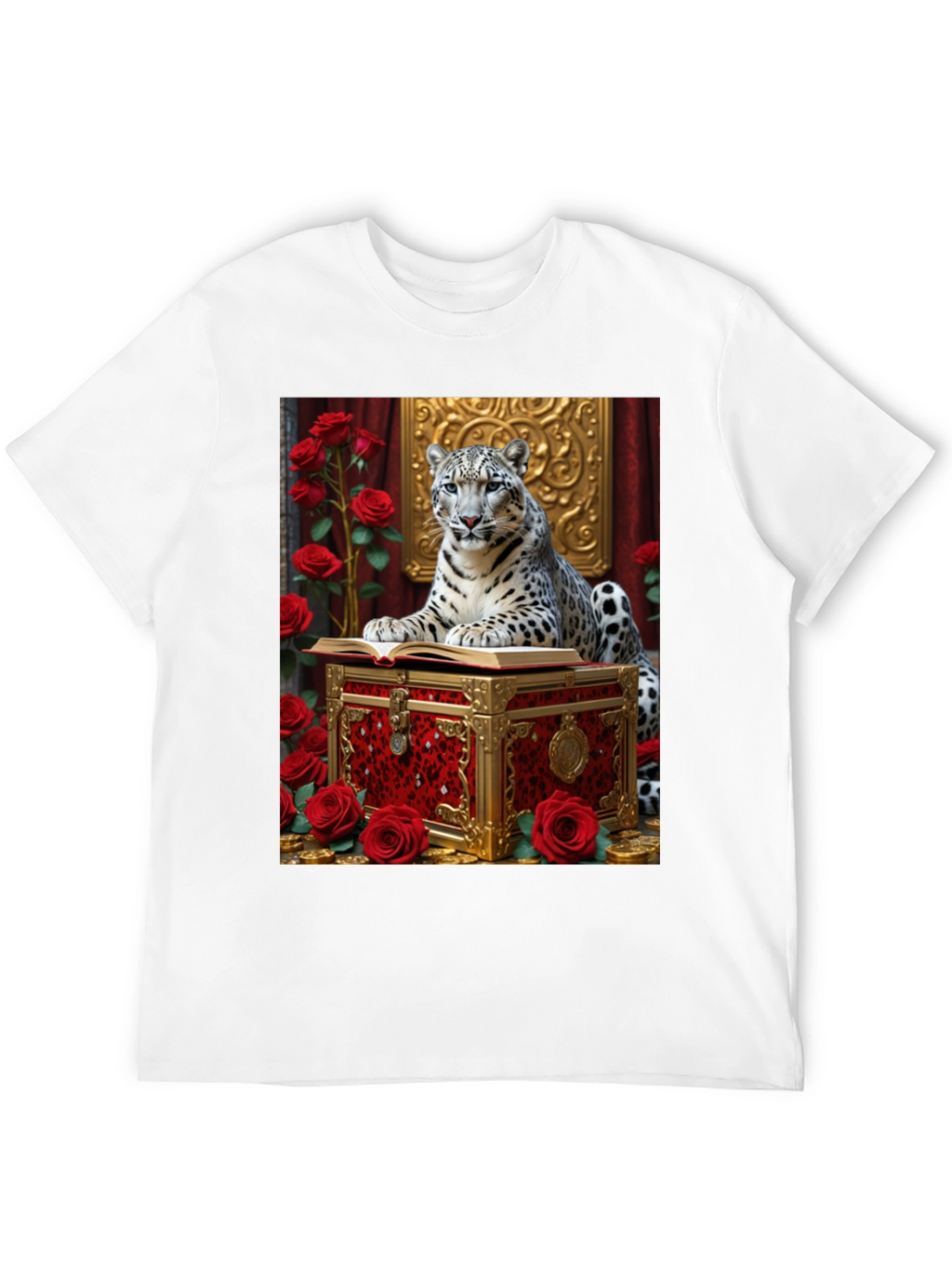 Snow Leopard Roses Chest Black Graphic Tee