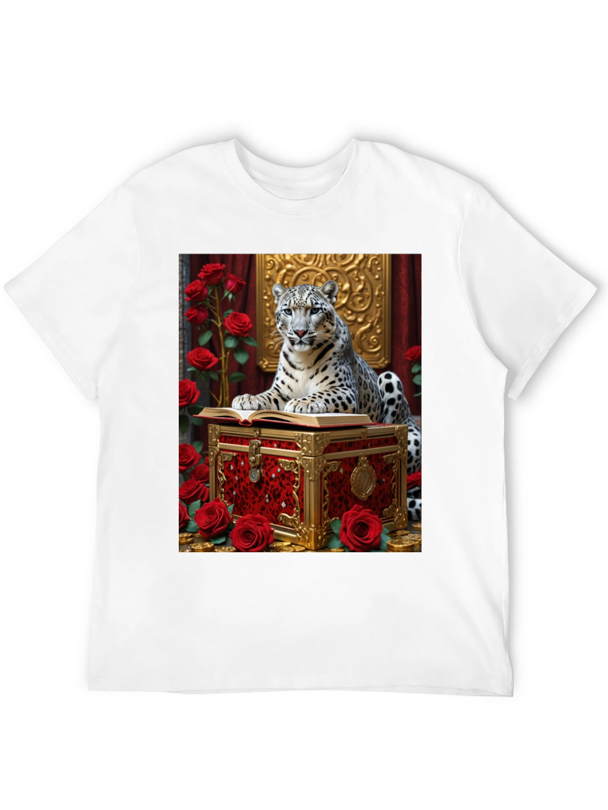 Snow Leopard Roses Chest Black Graphic Tee