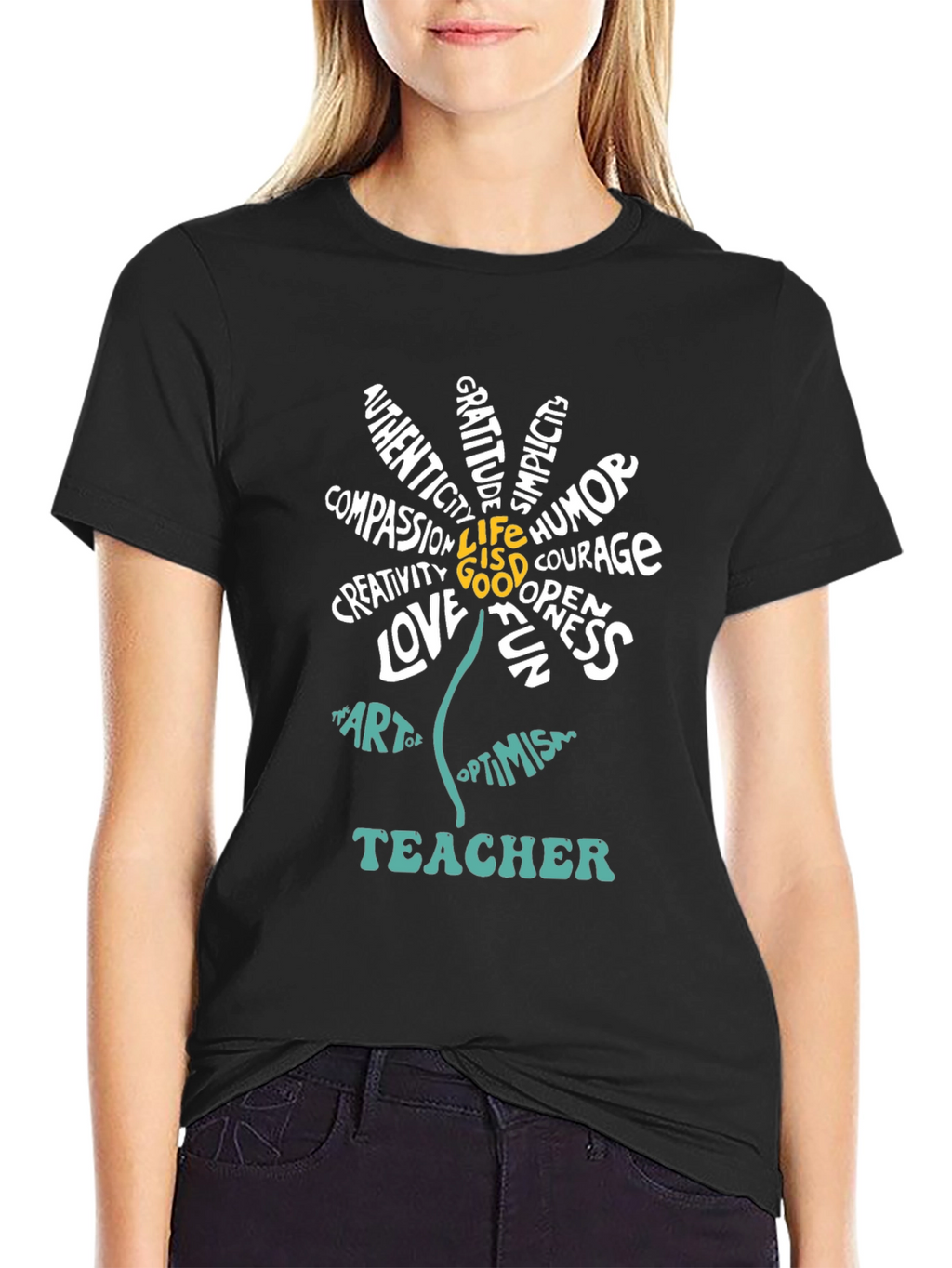 Teacher Word Art Flower Graphic T-Shirt