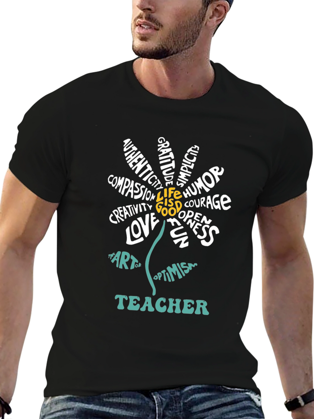 Teacher Word Art Flower Graphic T-Shirt