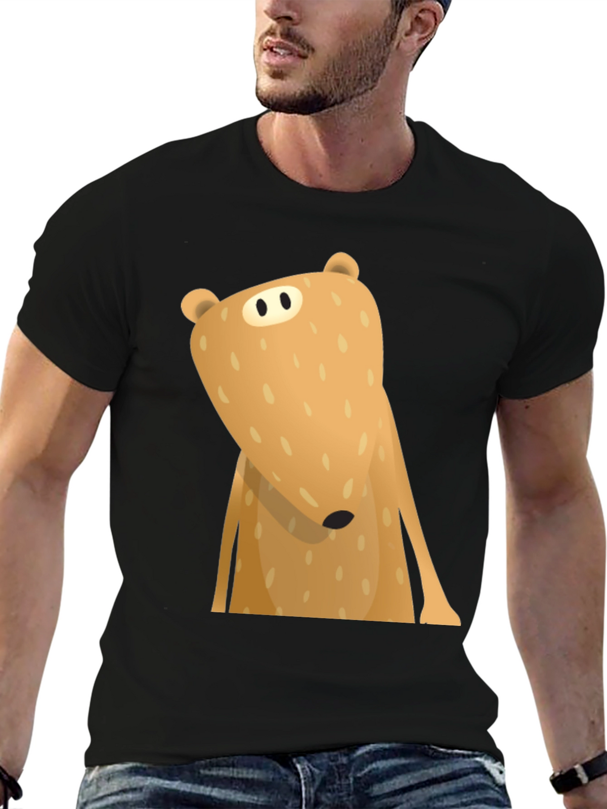 Funny Cartoon Bear Graphic T-Shirt - Black