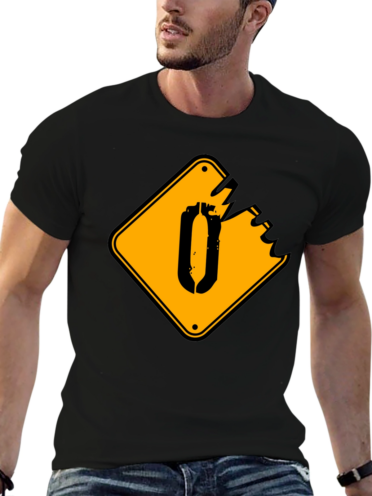 Black T-Shirt with Yellow Damaged Sign Graphic