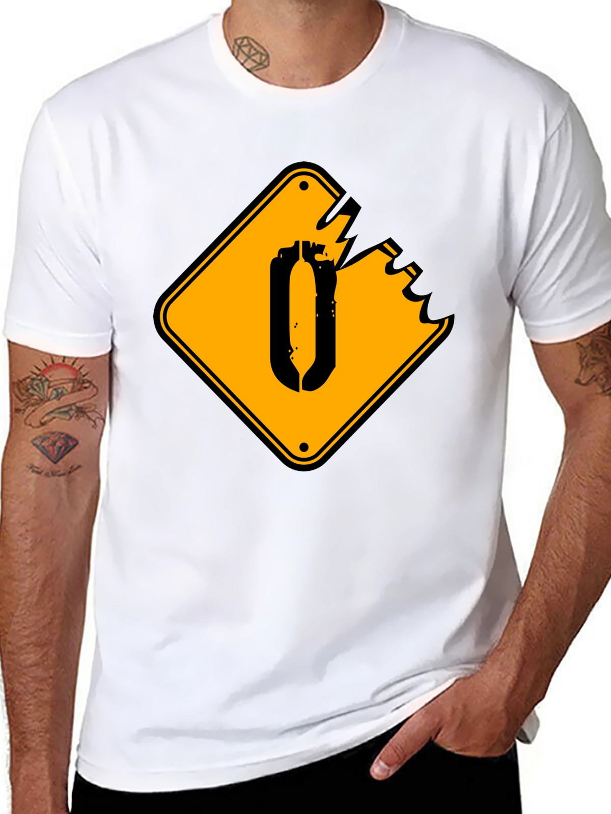 Black T-Shirt with Yellow Damaged Sign Graphic