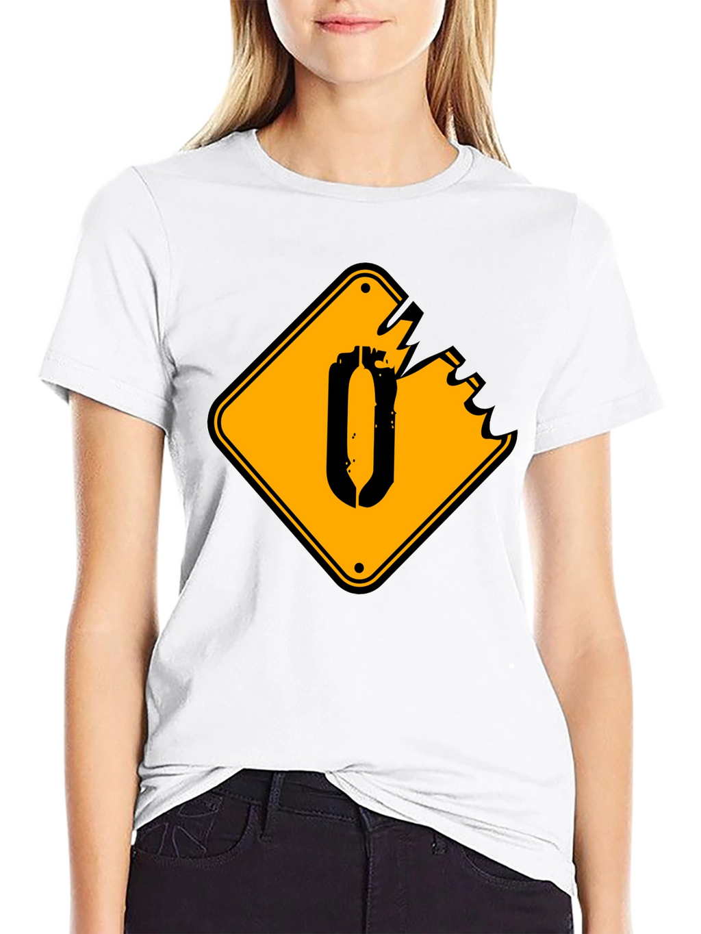 Black T-Shirt with Yellow Damaged Sign Graphic