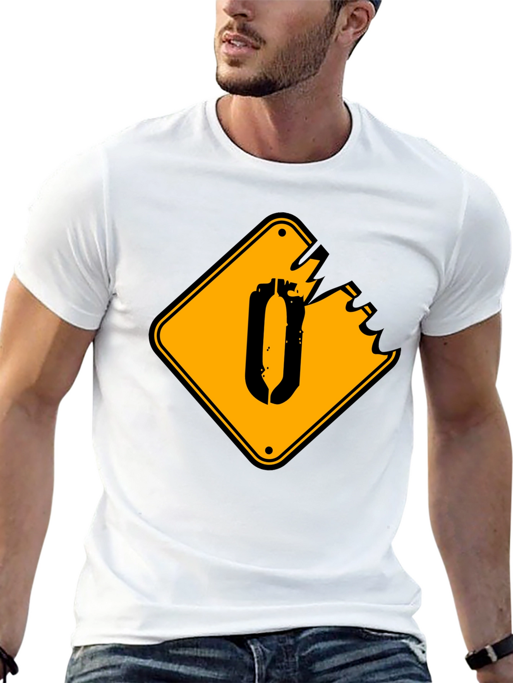 Black T-Shirt with Yellow Damaged Sign Graphic