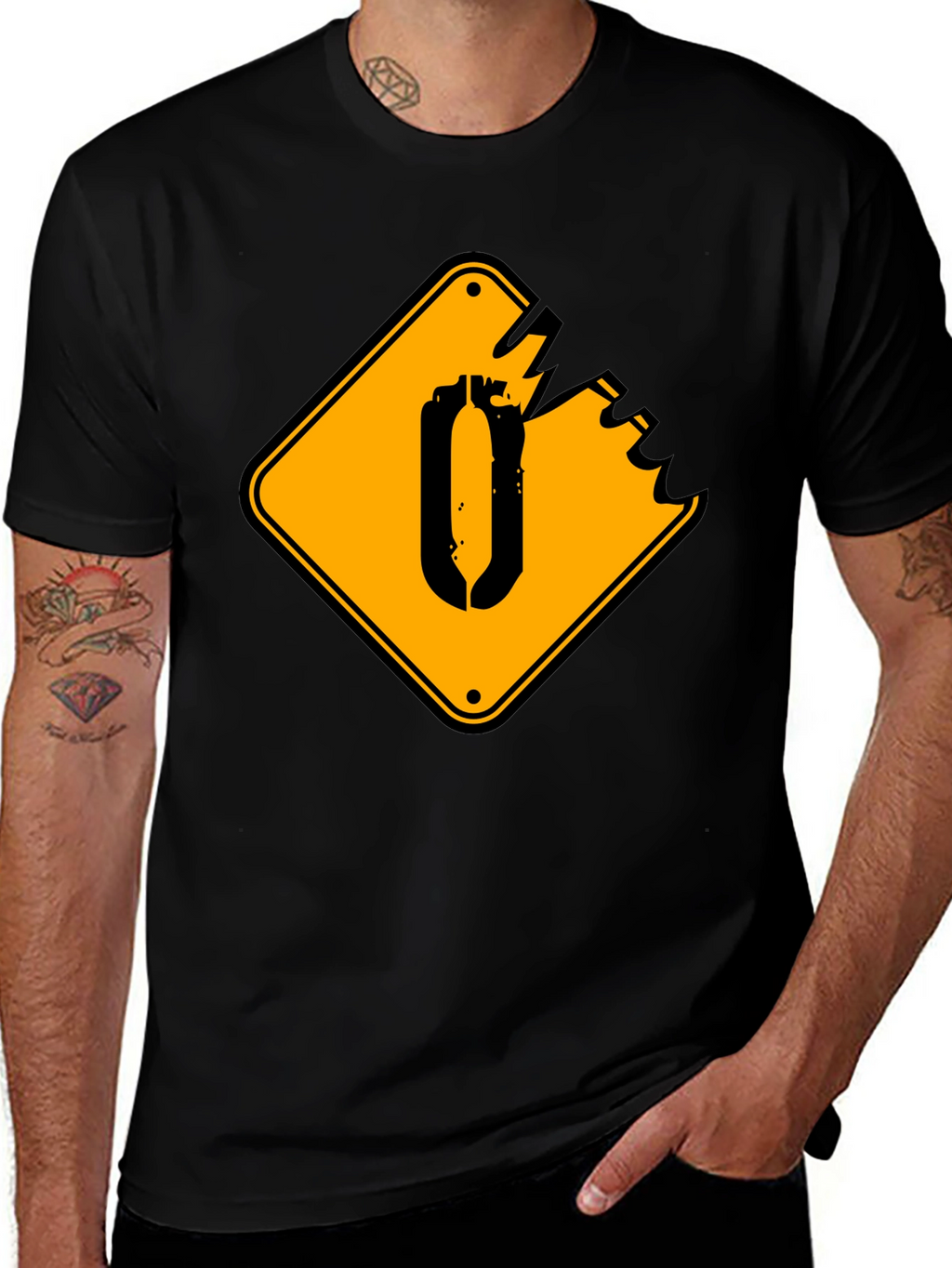 Black T-Shirt with Yellow Damaged Sign Graphic