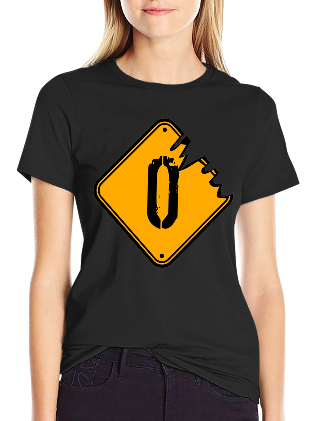 Black T-Shirt with Yellow Damaged Sign Graphic