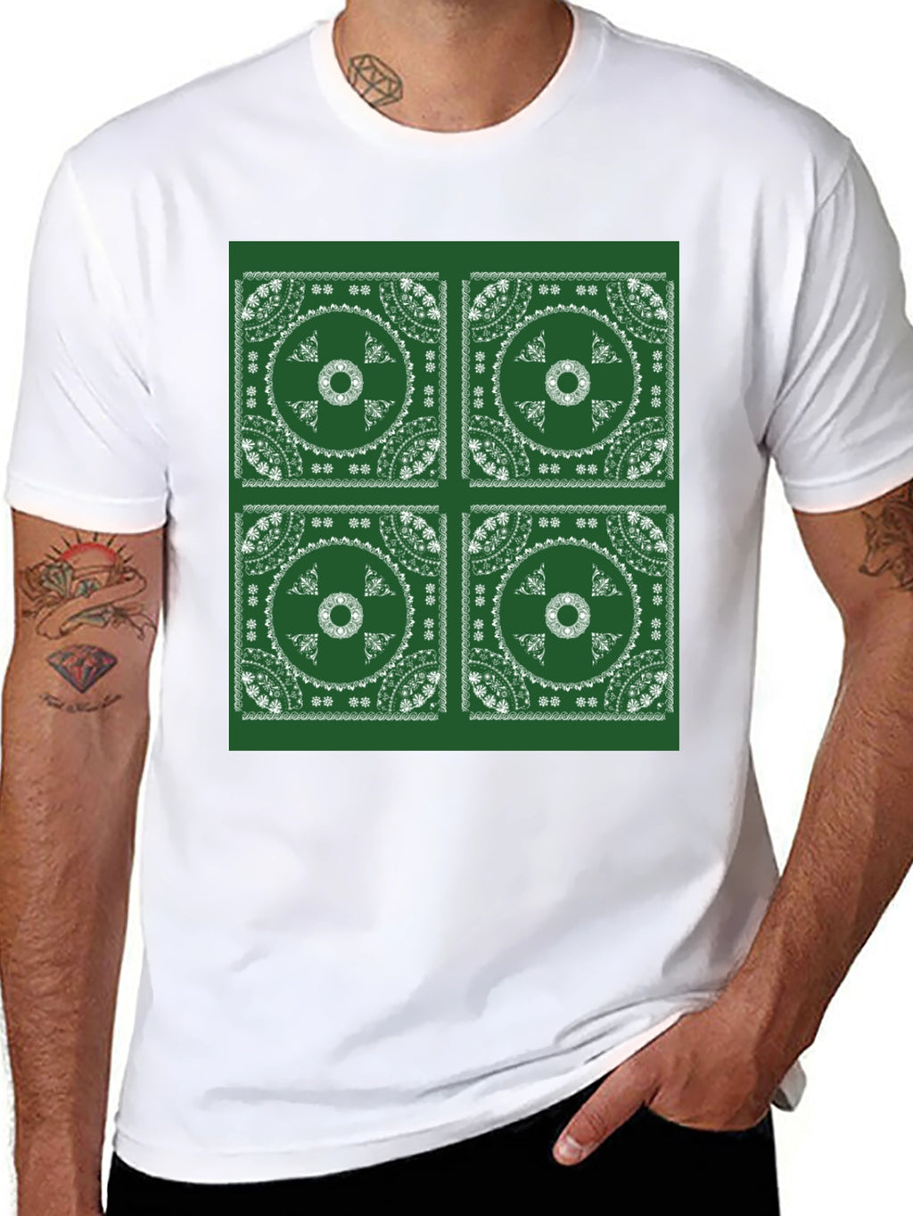 Green Bandana Pattern Black T-Shirt