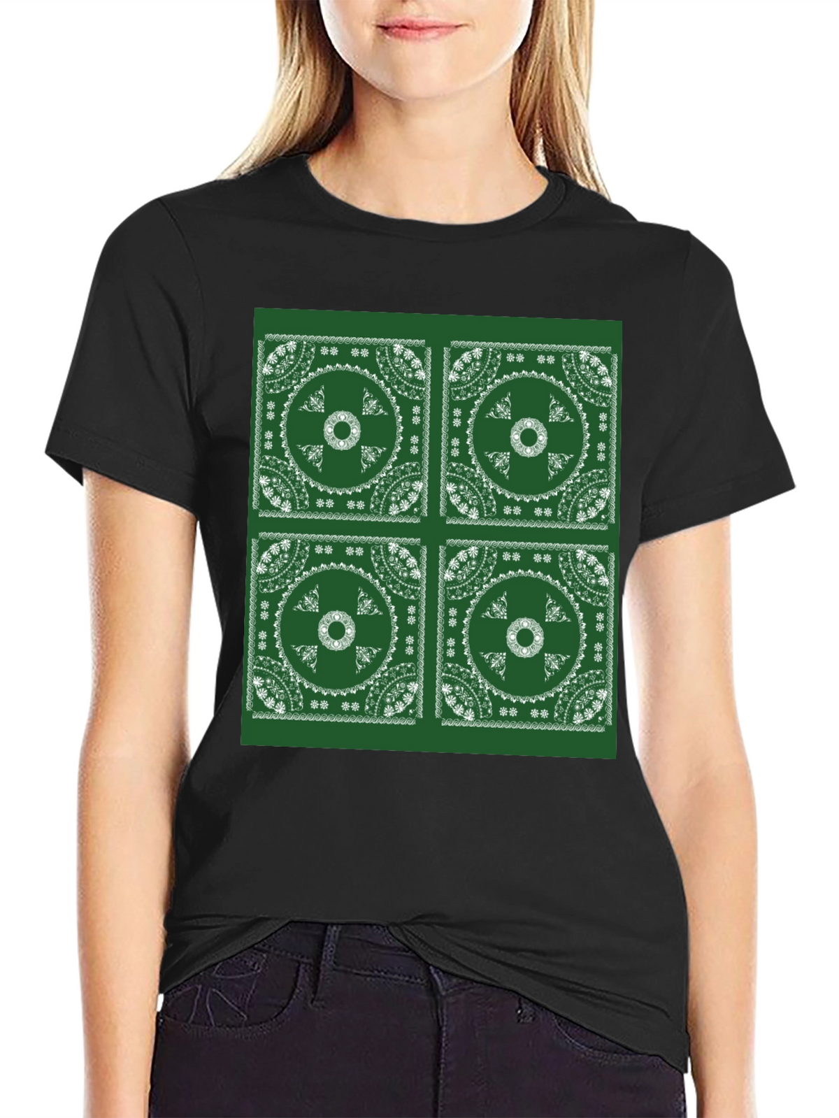 Green Bandana Pattern Black T-Shirt