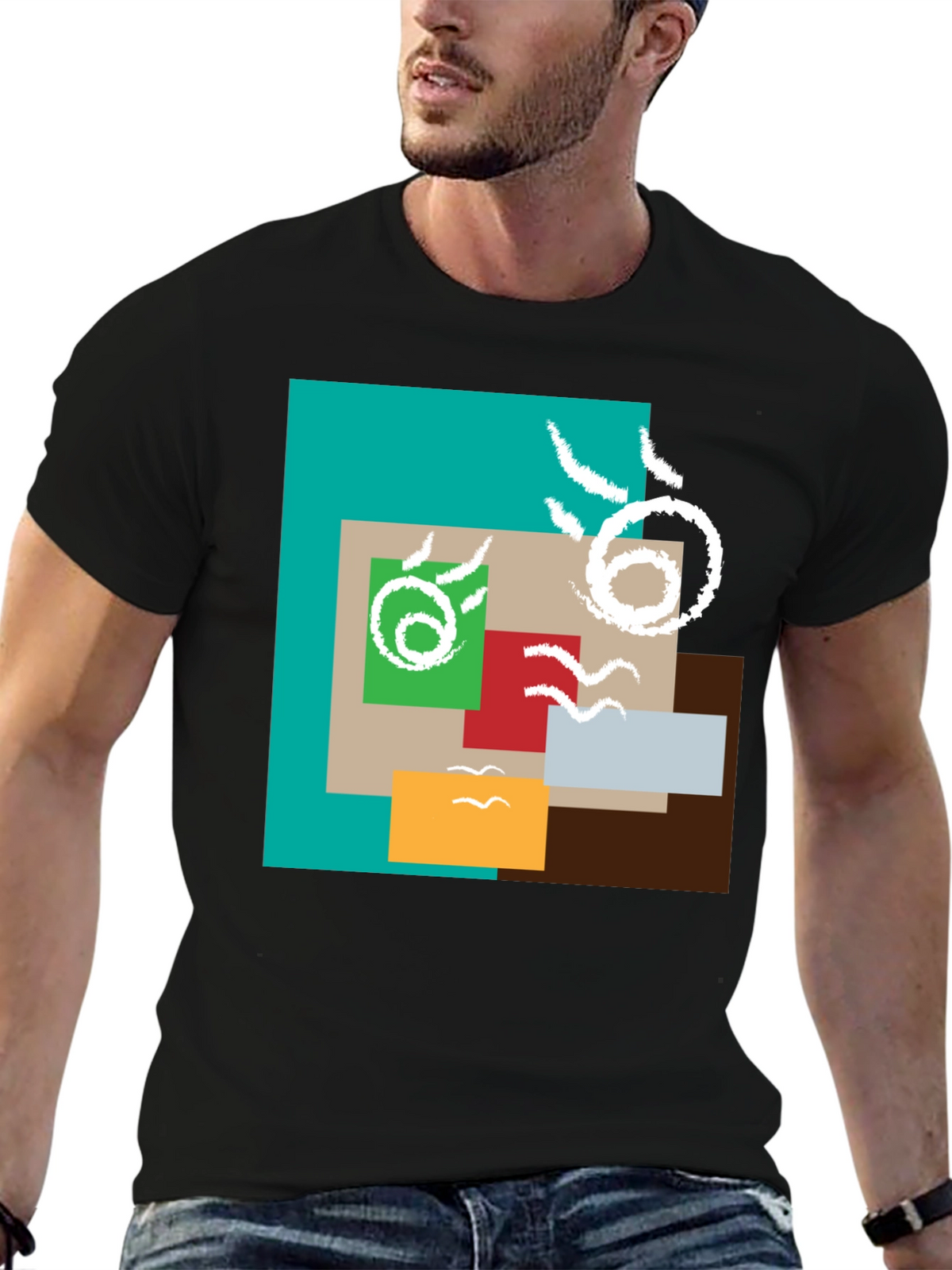 Abstract Squares Graphic Print Black Tee