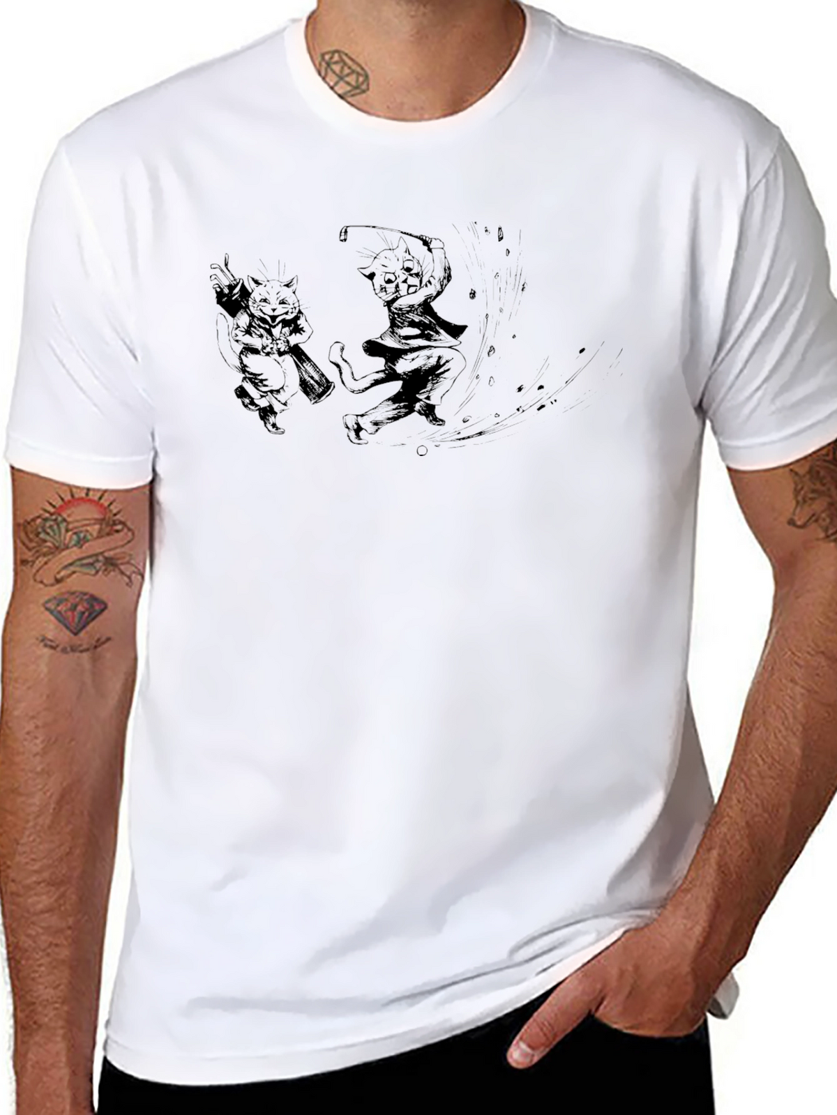 Cartoon Cats Graphic Tee - Black Cotton Blend T-Shirt
