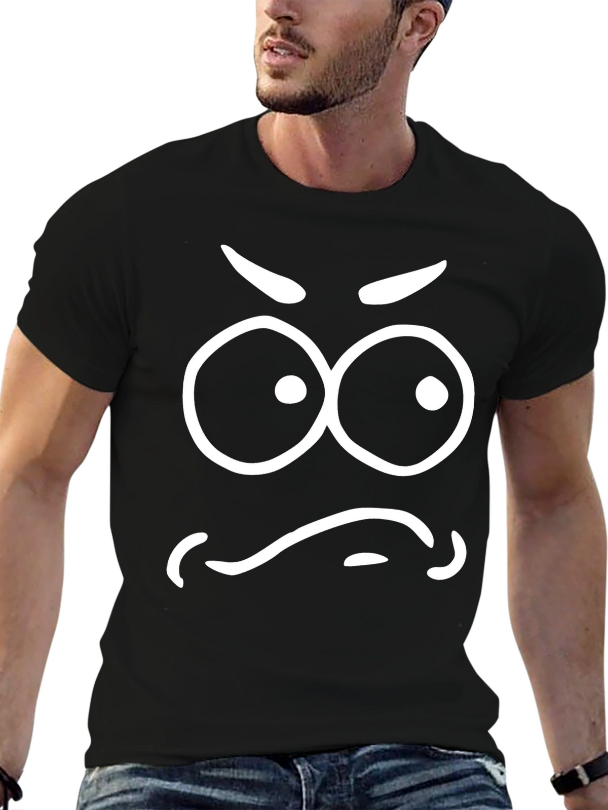 Grumpy Face Graphic T-Shirt - Black Cotton Tee