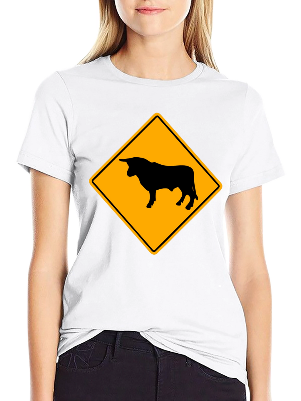 Bull Warning Sign Graphic Tee - Black Cotton T-Shirt