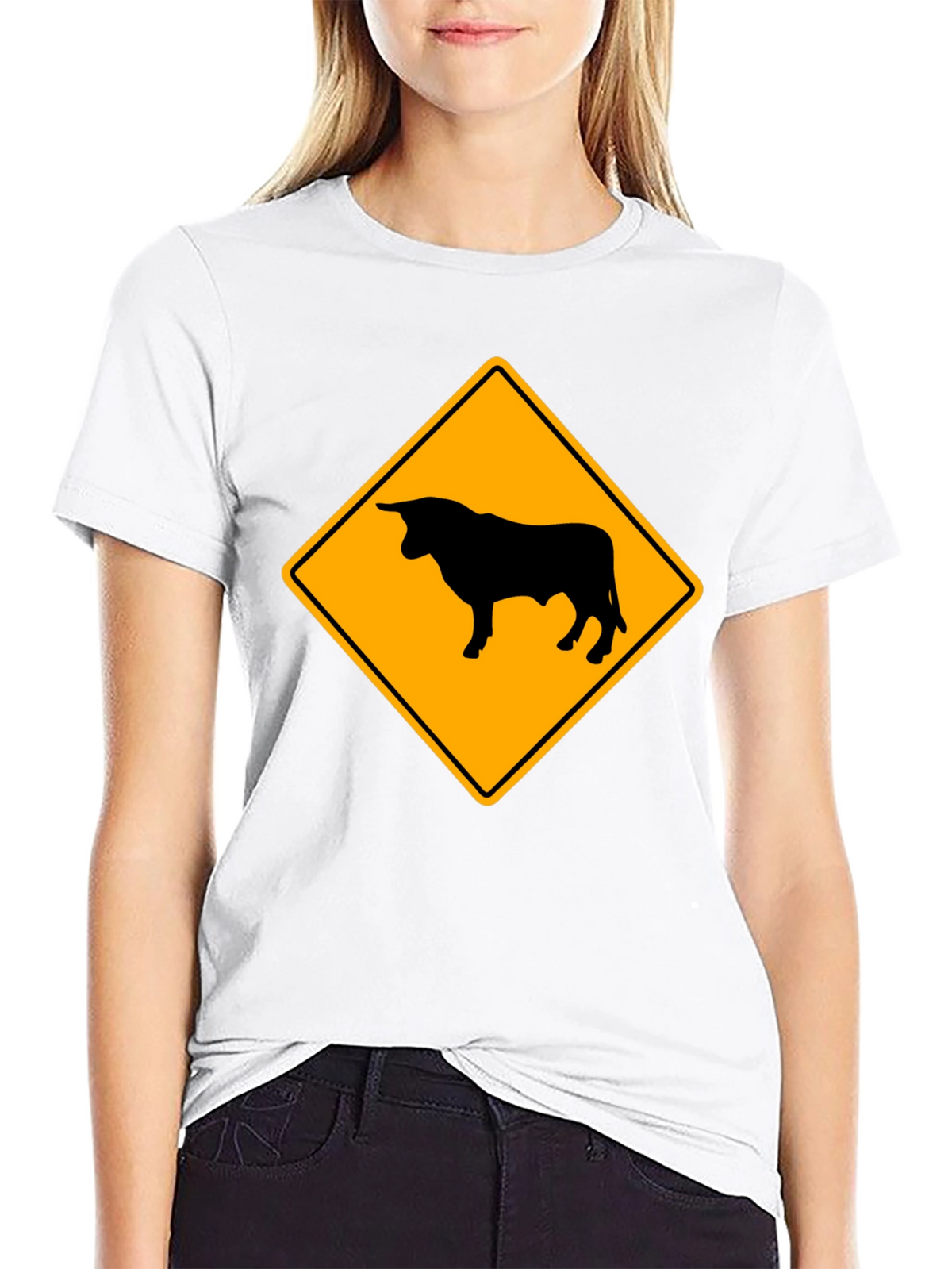 Bull Warning Sign Graphic Tee - Black Cotton T-Shirt