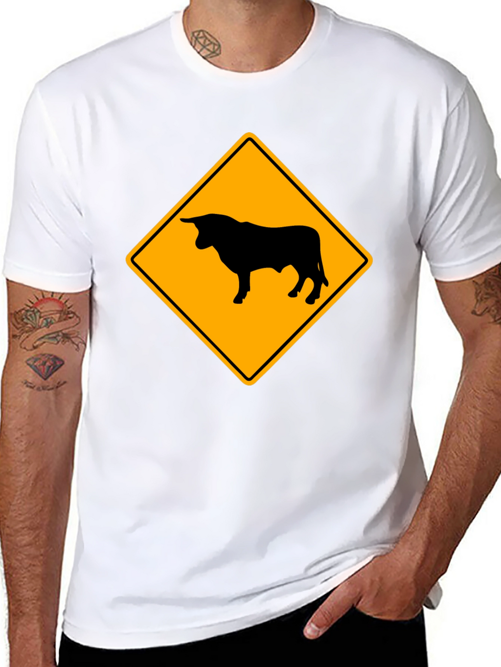 Bull Warning Sign Graphic Tee - Black Cotton T-Shirt