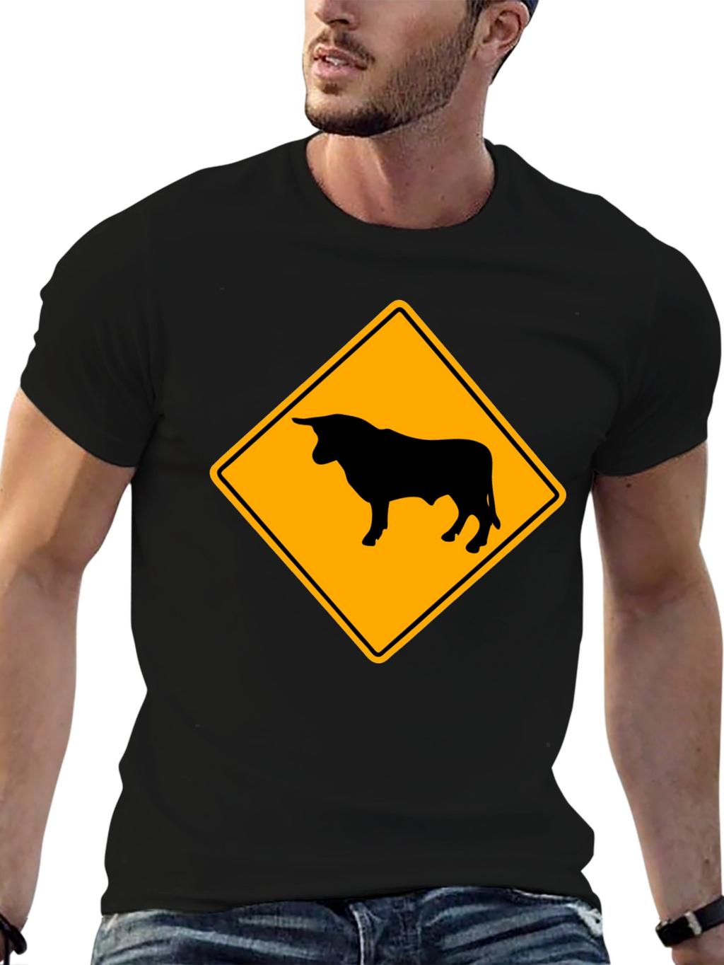 Bull Warning Sign Graphic Tee - Black Cotton T-Shirt