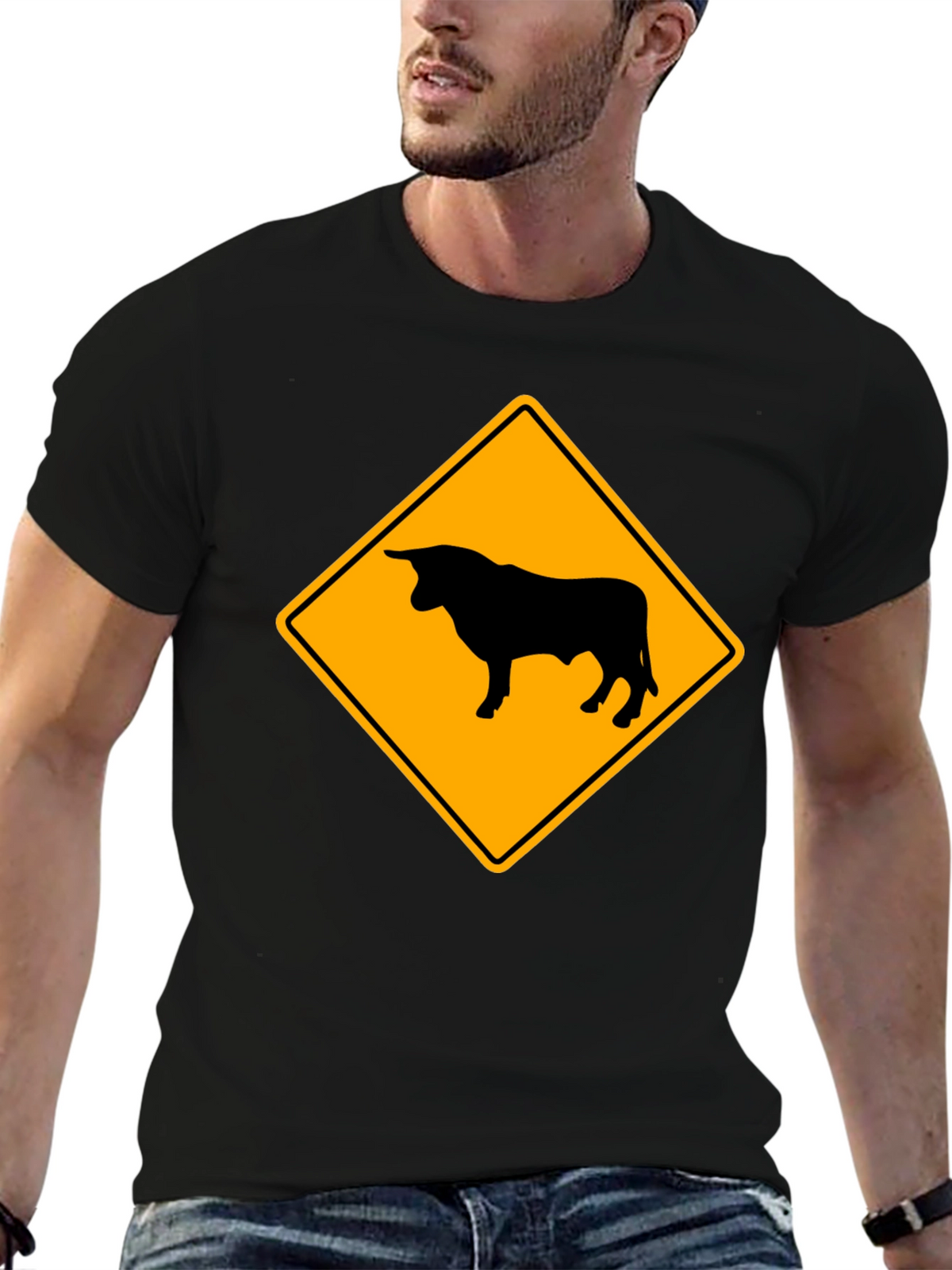Bull Warning Sign Graphic Tee - Black Cotton T-Shirt