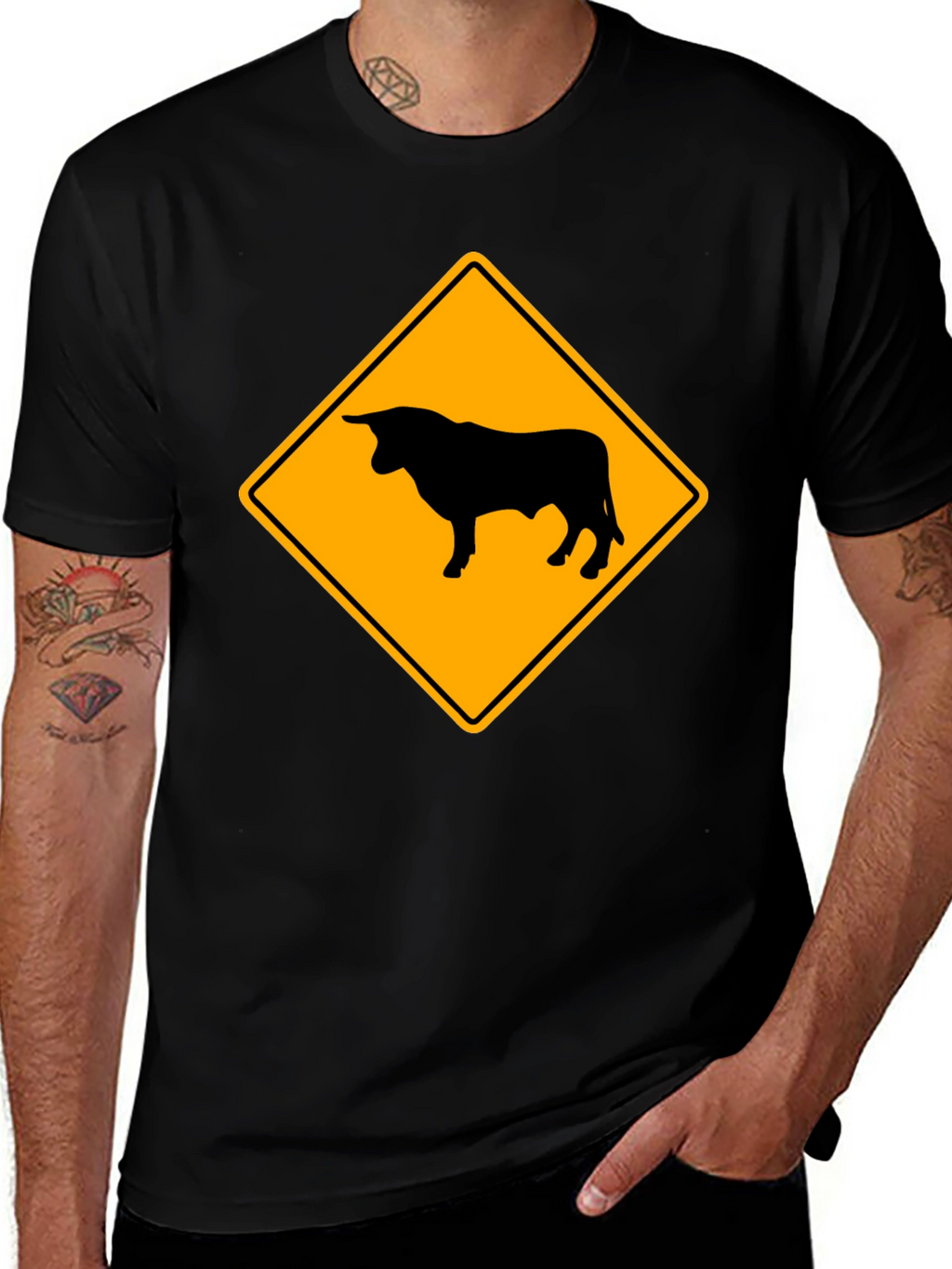 Bull Warning Sign Graphic Tee - Black Cotton T-Shirt