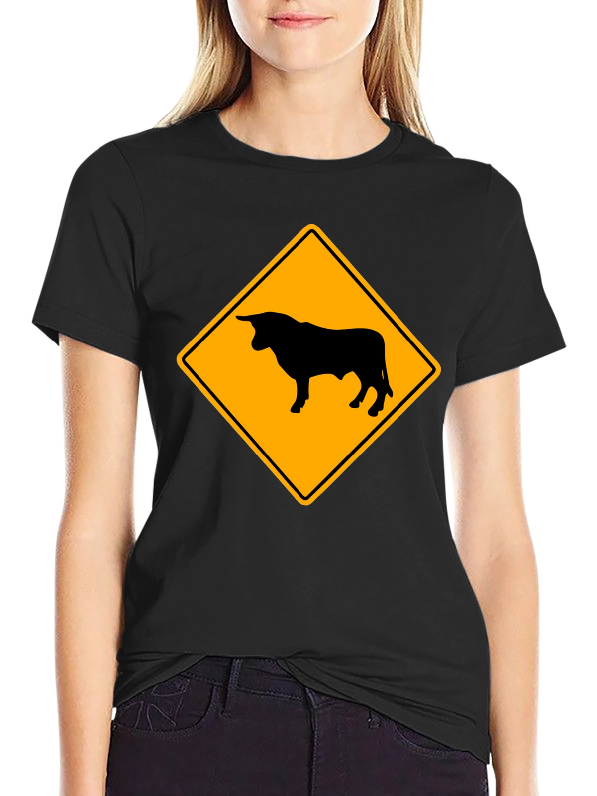 Bull Warning Sign Graphic Tee - Black Cotton T-Shirt