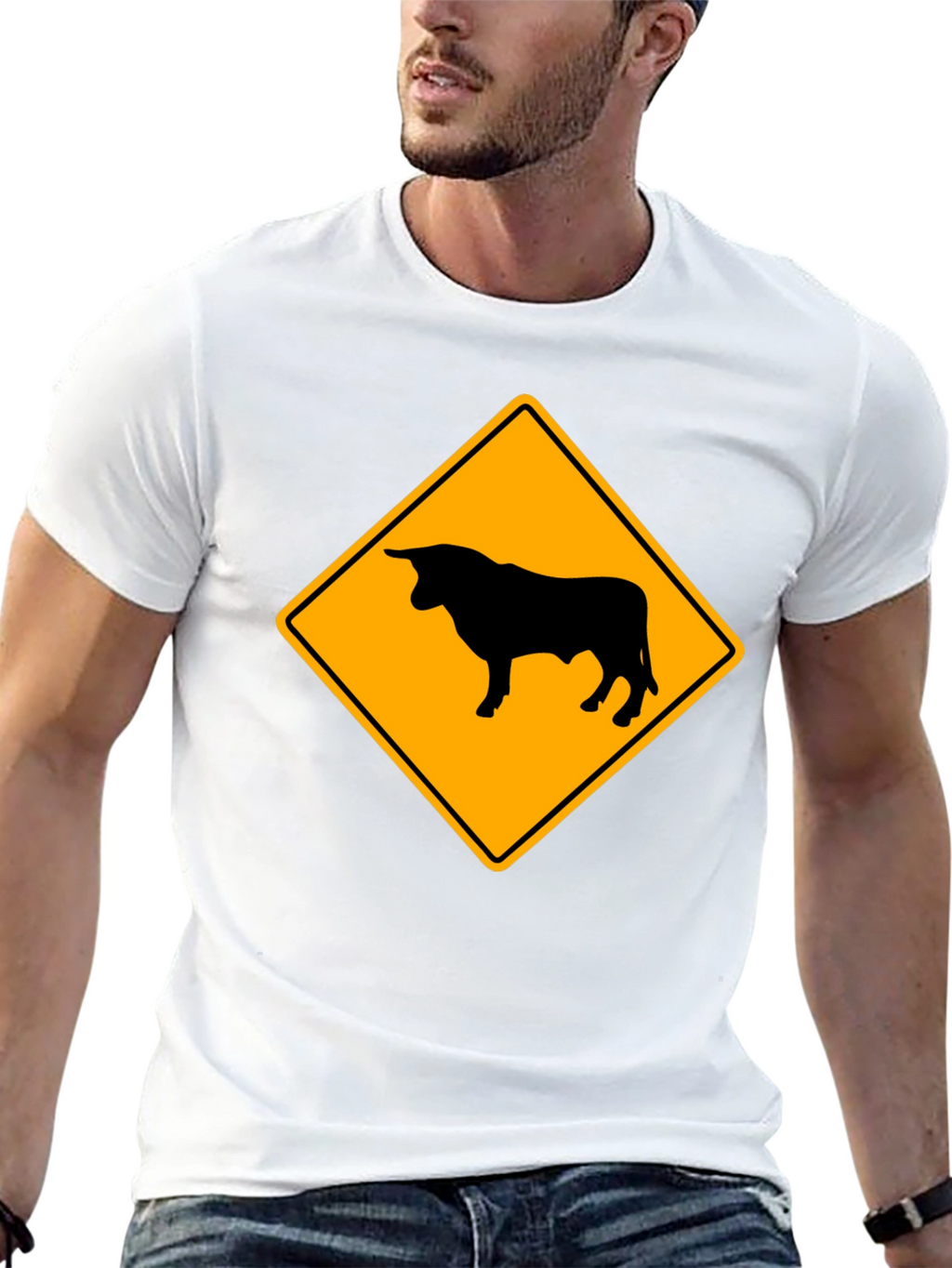 Bull Warning Sign Graphic Tee - Black Cotton T-Shirt